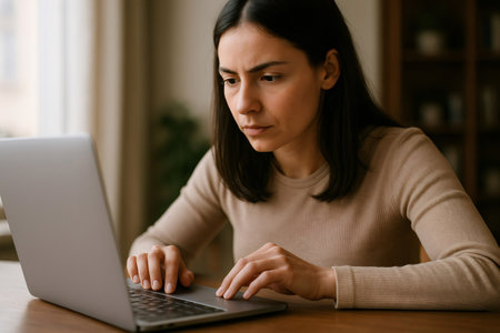 Young woman focused on laptop, working and studying from the comfort of home, balancing her professional and academic pursuitsの素材