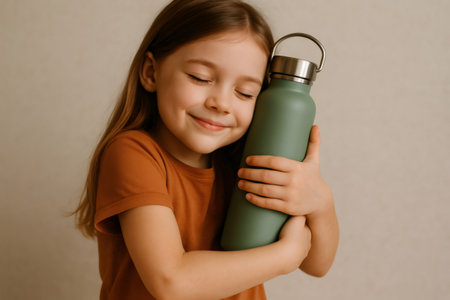 Smiling girl hugging a reusable water bottle, demonstrating eco conscious hydration practices for a sustainable futureの素材