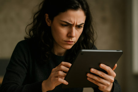 Close up of a focused businesswoman frowning while using a digital tablet, working remotely in her home officeの素材
