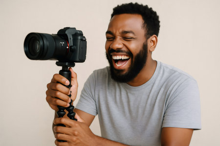 Young adult filmmaker laughing while holding a camera on a flexible tripod, creating video contentの素材