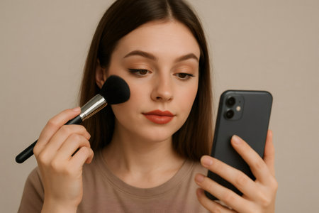 Concentrating on her smartphone, a young woman applies makeup with a brush, blending beauty techniques while engaging with online tutorialsの素材