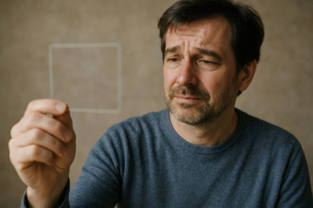 Nostalgic mature man holding an empty slide frame remembering good old times with a melancholic expressionの素材