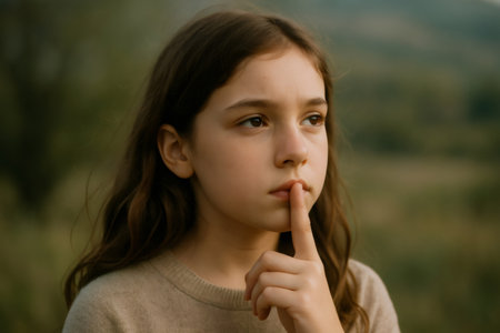 Portrait of a thoughtful young girl holding her index finger to her lips, making a silence gesture in a natural outdoor settingの素材