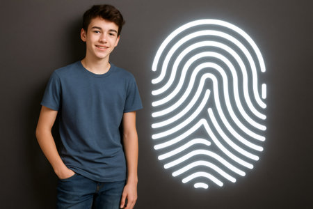 Smiling teenager standing next to large glowing fingerprint representing digital identity, cybersecurity and biometric authenticationの素材