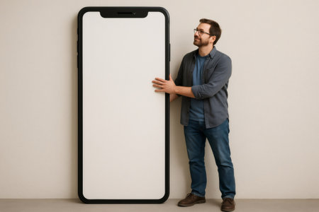 Startup founder standing next to huge smartphone with white mockup screen, ideal for showcasing mobile app or websiteの素材