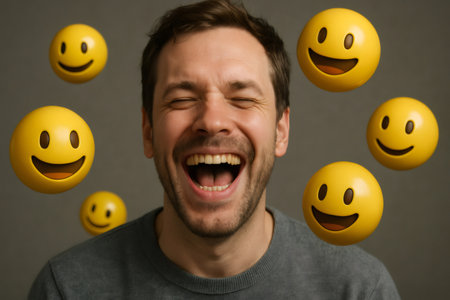 Young man laughing heartily, surrounded by vibrant emojis, radiating joy and happiness in a moment of pure delightの素材