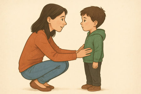 Loving mother crouching and holding her son's shoulders while making eye contact with him, offering comfort and supportの素材