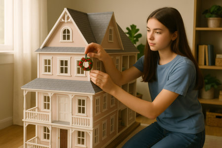 Young girl joyfully decorating a charming dollhouse with a delightful miniature Christmas wreath, embracing the festive spirit of the seasonの素材