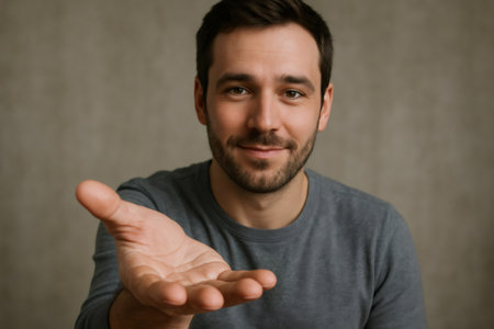Caucasian man smiling warmly while extending an open hand, symbolizing generosity and kindness through an invisible offering of supportの素材