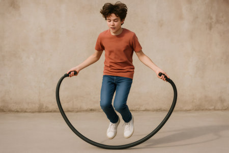 Young boy performing a jump while using a skipping rope in front of a concrete wall, promoting physical activity and a healthy lifestyleの素材