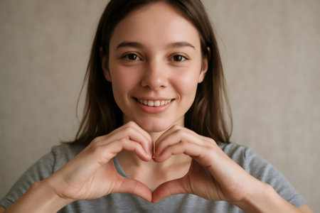 Portrait of a cheerful young woman making a heart shape with her hands, expressing love, care, and happinessの素材