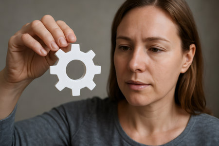 Woman engineer holding a white gear, symbolizing engineering, automation, and innovative problem solving in the industrial sectorの素材