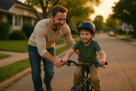 Happy father teaching his smiling son how to ride a bicycle on a quiet suburban street during golden hourの素材