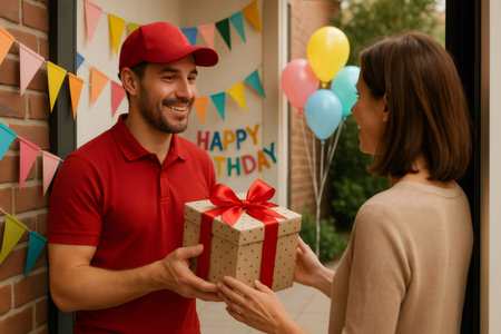 Courier delivering a gift box with red ribbon to a woman during a birthday party, surprise birthday present delivery at homeの素材