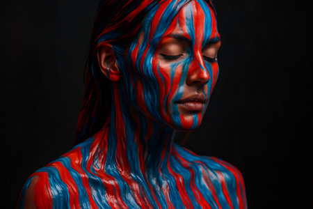 Model showing artistic body painting with red and blue streaks, eyes closed, against a dark background, creating a vibrant and captivating portraitの素材