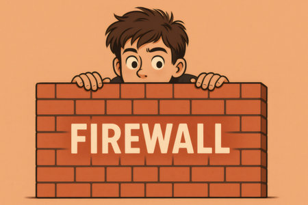 Illustration of a curious man peeking over a firewall brick wall, depicting online security and data protectionの素材