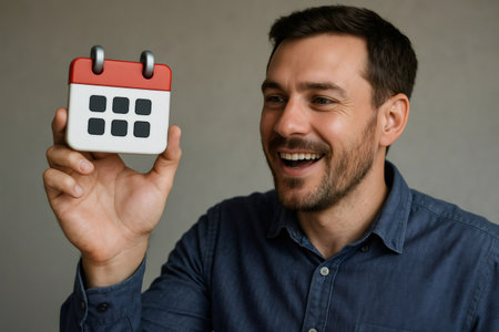 Businessman smiling while holding a calendar icon, planning his schedule with enthusiasm and reflecting on important upcoming tasksの素材