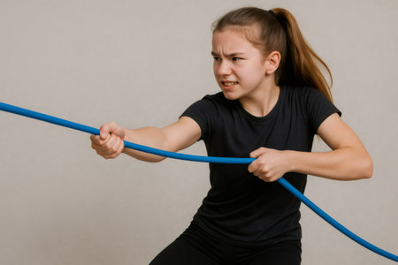 Young woman training with elastic expander doing arm workout with intense facial expression on gray backgroundの素材