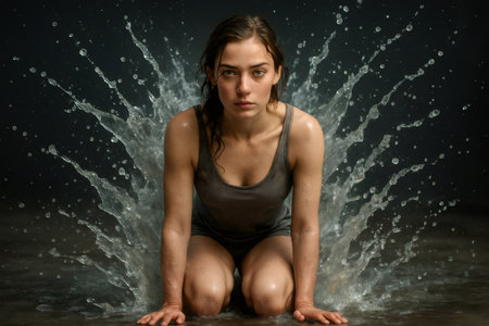Kneeling woman with wet hair and drenched clothes, water splashing dramatically behind her against a dark backdrop, exuding strength and energyの素材