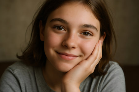 Smiling young girl with brown hair resting her head on her hand, expressing happiness and positivityの素材