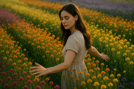 Young woman gently touching colorful flowers while walking through cultivated fields, enjoying the sunset lightの素材