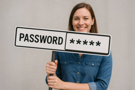 Young woman holding a sign with the word password and asterisks, representing a strong password and good online security practicesの素材