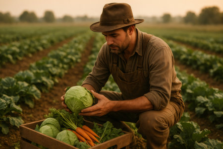 Proud farmer holding a freshly harvested cabbage while standing in his vibrant vegetable garden, basking in the warm glow of sunsetの素材
