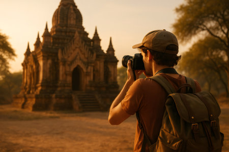 Photographer capturing stunning images of a temple in Myanmar, bathed in the warm glow of a golden sunsetの素材