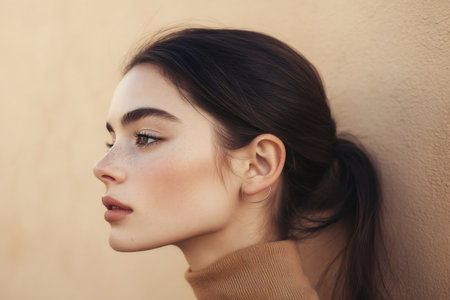 Minimalist beauty portrait of a young Caucasian woman with freckles, wearing a turtleneck sweater and a ponytailの素材