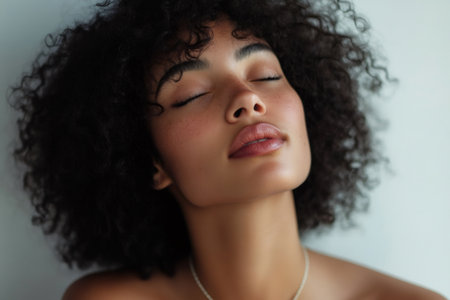 Beauty portrait of a young woman with closed eyes, curly hair, and freckles, enjoying a moment of relaxationの素材