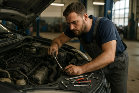 Focused auto mechanic using a wrench to skillfully repair a car engine in a modern workshop filled with tools and equipmentの素材