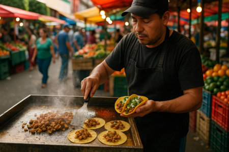 Latin American street vendor skillfully preparing tacos al pastor at a bustling traditional Mexican market, surrounded by eager customersの素材