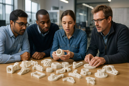 Industrial designers examining a variety of 3D printed prototypes during a collaborative brainstorming sessionの素材