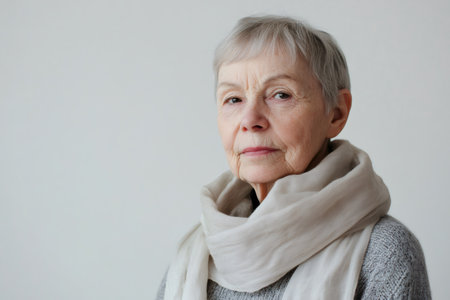 Confident elderly woman with light gray hair and a scarf posing for a portrait against a minimalist backgroundの素材