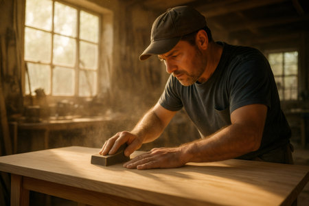 Carpenter sanding a wooden table in a workshop, surrounded by natural light and showing skilled craftsmanship in furniture makingの素材
