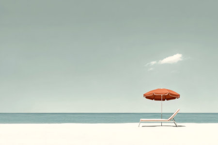 Minimalist image of a lonely beach with a red parasol and sunbed suggesting a relaxing vacationの素材
