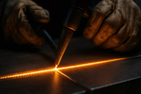 Close up of a welder using a precision welding torch, creating a bright orange seam as they join metal platesの素材
