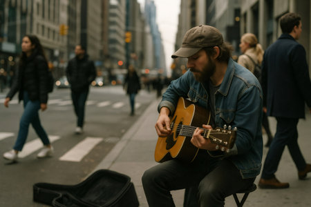 Bearded street artist sitting on a stool, passionately playing acoustic guitar while surrounded by the vibrant energy of New York Cityの素材