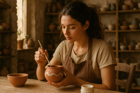 Potter painting a terracotta vase in her workshop, using a brush and white paint, surrounded by her creationsの素材