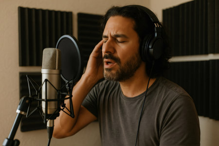 Male singer recording powerful vocals with a professional microphone and headphones, immersed in creativity within a home studio settingの素材