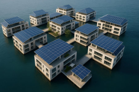 Modern floating buildings using renewable energy illustrating sustainable architecture and eco friendly livingの素材