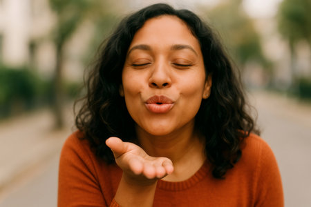 Portrait of a beautiful young woman blowing a warm kiss with her eyes closed, expressing love and affectionの素材