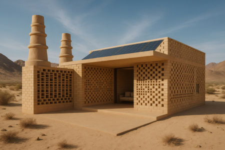 Modern, sustainable desert home featuring solar panels and traditional architectural elements, blending seamlessly with the arid landscapeの素材