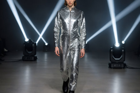 Fashion model strutting down the catwalk in a stunning futuristic silver jumpsuit, captivating the audience during fashion weekの素材