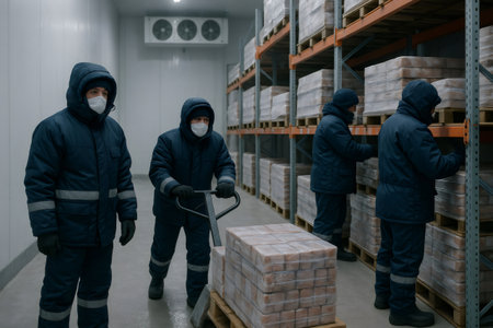 Warehouse workers transporting goods on pallet jack in cold storage facility, wearing warm clothes and protective masksの素材