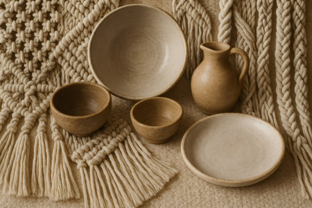 Earthy toned ceramic bowls, a plate, and a jug are artfully arranged alongside macrame textiles, evoking a sense of handcrafted warmth and bohemian styleの素材