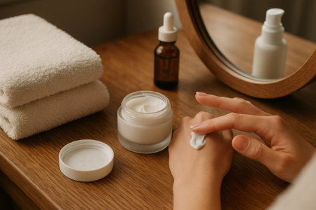 Woman applying a moisturizing cream on her hand, with beauty products and towels on a wooden table, creating a serene skincare retreat atmosphereの素材