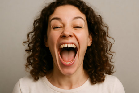 Curly haired woman screaming with closed eyes and mouth wide open, expressing intense emotion against a neutral backgroundの素材