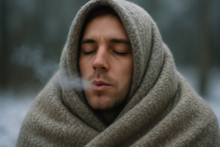 Young man breathing in the crisp winter air, exhaling vapor while wrapped in a cozy blanket amidst a serene, snow covered forestの素材