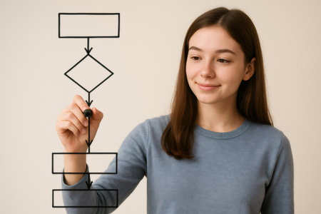 Businesswoman drawing flowchart representing algorithm on transparent board, showcasing process and decision making stepsの素材